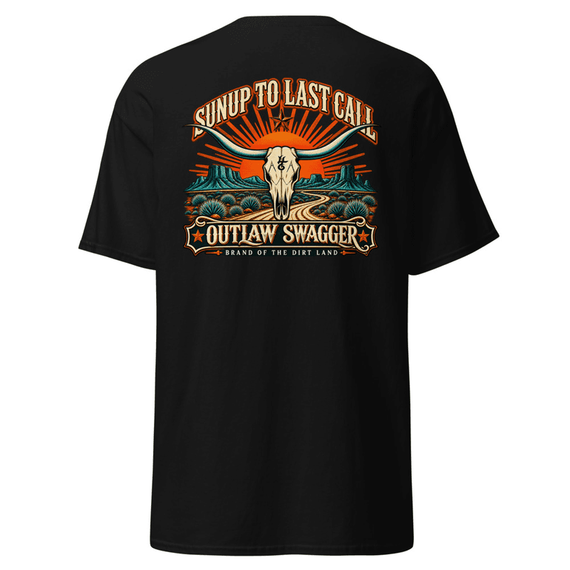 Black Sunup to Last Call western longhorn graphic T-shirt, back print